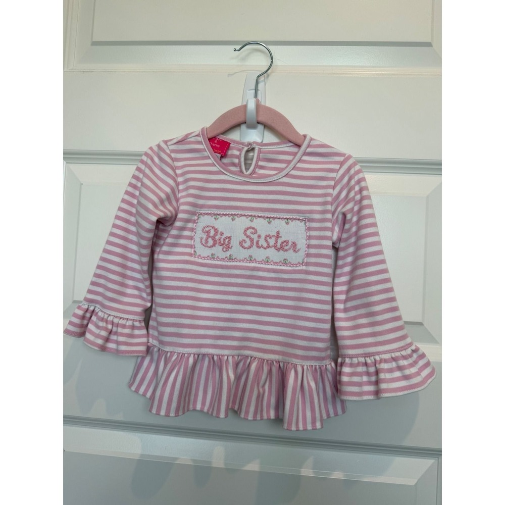 18.Claire & Charlie Pink Striped Big Sister Smocked Peplum Top Size 2